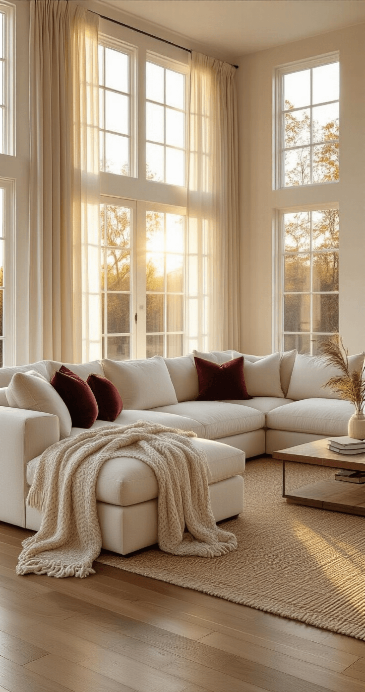 Finding Your Perfect Cozy Couch: The Ultimate Guide to Cloud-Like Comfort Photorealistic image of a spacious modern living room with warm golden hour light illuminating a plush cream sectional sofa adorned with textured throw pillows, a cozy cable-knit blanket, honey oak hardwood floors, and a jute area rug, captured from the entrance with a shallow depth of field.