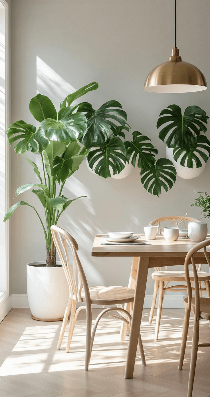 Scandinavian-style dining space featuring a light oak table surrounded by ghost chairs, with a grouping of three monstera plants in white ceramic planters creating a living wall effect. The scene is illuminated by morning light, casting dappled shadows through the leaves against a pale grey wall, enhancing a minimal table setting.