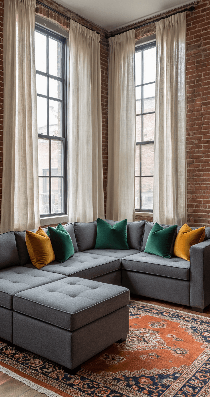 Finding Your Perfect Cozy Couch: The Ultimate Guide to Cloud-Like Comfort Intimate living room in a compact apartment with exposed brick walls, industrial windows, and soft afternoon light filtering through gauze curtains, featuring a charcoal grey modular sectional, jewel-toned accent pillows, a storage ottoman, reclaimed wood shelves, and a vintage Persian rug.