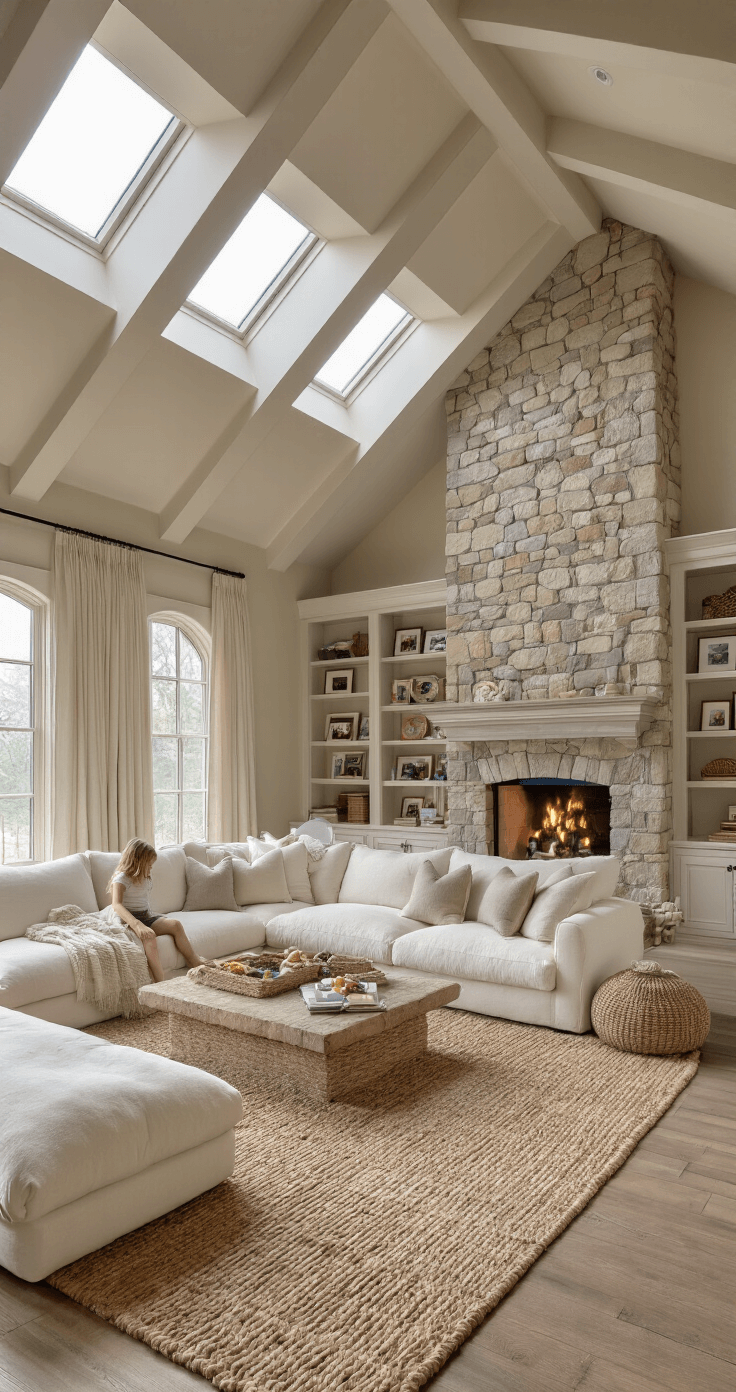 Finding Your Perfect Cozy Couch: The Ultimate Guide to Cloud-Like Comfort Luxurious family room with cathedral ceilings and a stone fireplace, featuring a large ivory microfiber sectional, children's toys, soft throws in neutral tones, a braided jute rug, and built-in bookcases, all bathed in soft morning light from skylights above.