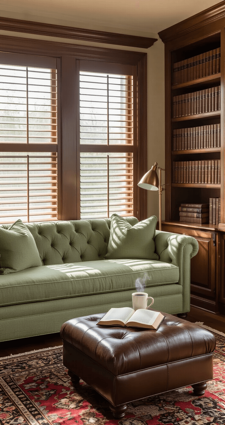 Finding Your Perfect Cozy Couch: The Ultimate Guide to Cloud-Like Comfort Cozy reading nook featuring a sage green loveseat with tufted cushions and a vintage leather ottoman, illuminated by late afternoon light through plantation shutters, surrounded by built-in bookshelves and a brass reading lamp, creating a warm and inviting atmosphere.
