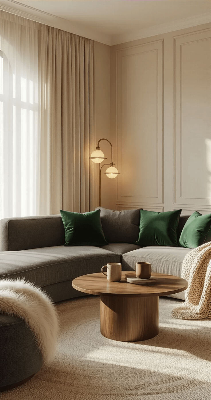 Intimate living room with a curved sectional sofa in warm charcoal, cream walls, golden hour sunlight, round walnut coffee table with ceramic mugs and a chunky knit throw, emerald green accent pillows, fluffy faux fur blanket, and layered lighting from brass table lamps. Shot from a low angle at seated eye level.