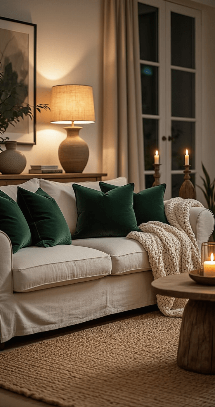 Small living room illuminated by warm lamplight, featuring a cream linen sofa with deep green velvet cushions and a chunky oatmeal throw, surrounded by a jute rug, ceramic and wooden side tables, and brass fixtures, with layered lighting including a table lamp and flickering candles.