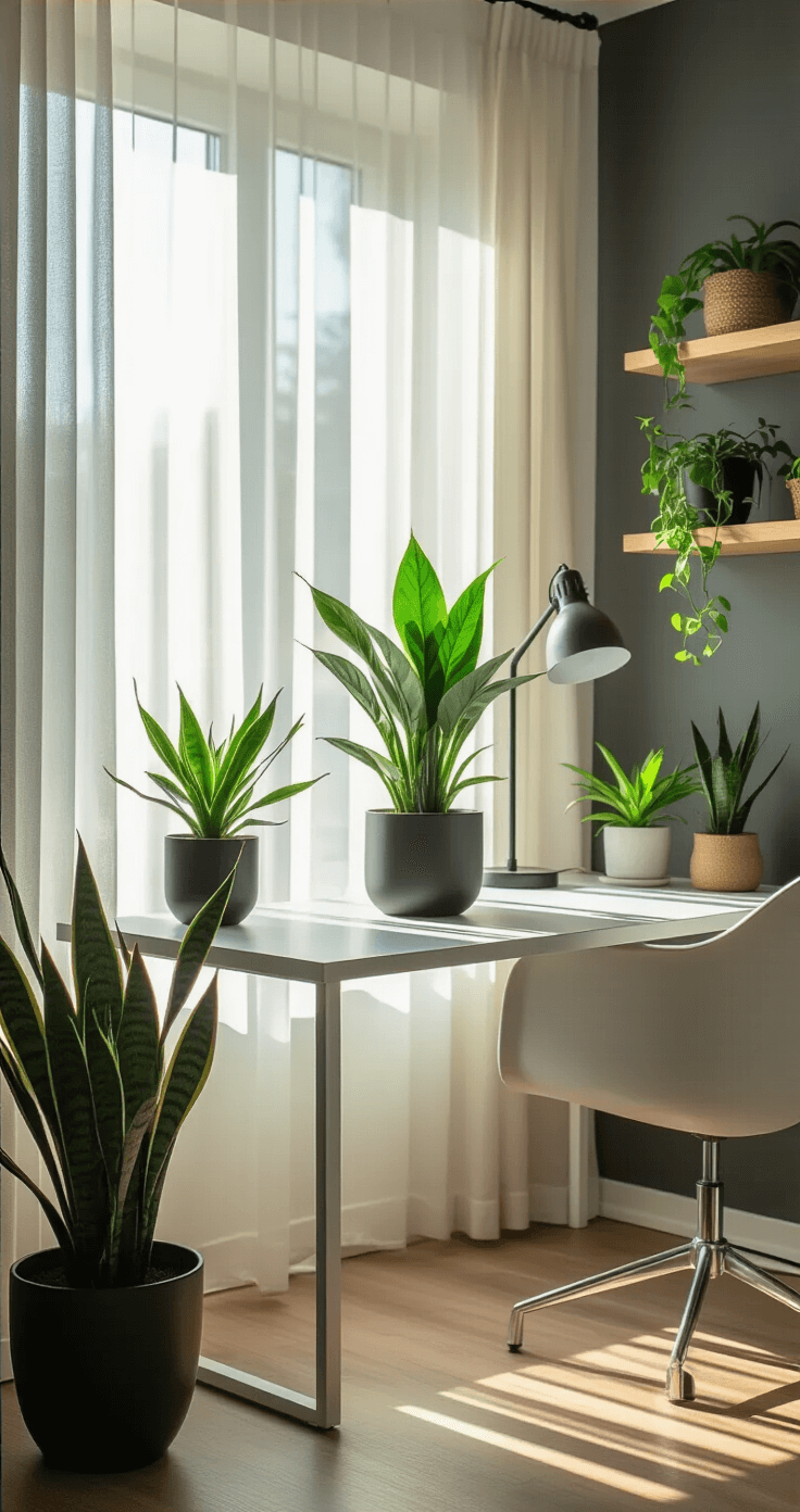 A tranquil home office corner filled with soft morning light, featuring a modern white desk against a dark gray wall, a 2ft ZZ plant in a black ceramic planter on the desk, and low-light plants like pothos and snake plants on floating shelves, captured with a shallow depth of field.