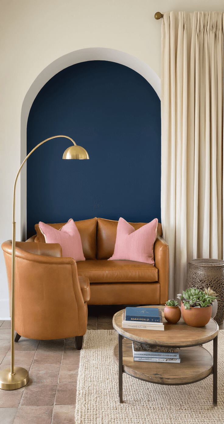 Cozy corner seating area featuring a deep midnight navy accent wall behind a caramel leather curved chair, with cream walls, terracotta ceramic decor, and dusty pink throw pillows, all illuminated by natural light and a brass arc floor lamp, showcasing a wooden coffee table with vintage books and a succulent.