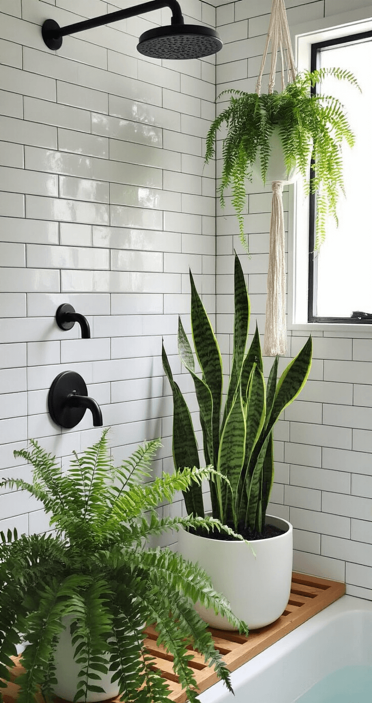 A moody bathroom sanctuary with subway tile walls, matte black fixtures, and a frosted window allowing late afternoon light. A tall snake plant in a white ceramic planter sits on a teak shower bench, while cascading Boston ferns in macrame hangers add texture. The image is captured from a low angle, highlighting the plants' silhouettes against a monochromatic backdrop.