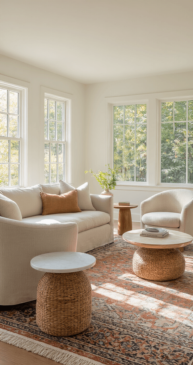 A cozy living room with a linen sofa and two curved accent chairs arranged for conversation, illuminated by golden afternoon light. The space features a round marble side table, a rectangular wood side table, and a woven rattan basket, all within reach of the seating. A Persian-style area rug lies beneath, and natural light streams in through west-facing windows, enhancing the room's textures. The camera captures the intimate layout with a shallow depth of field.
