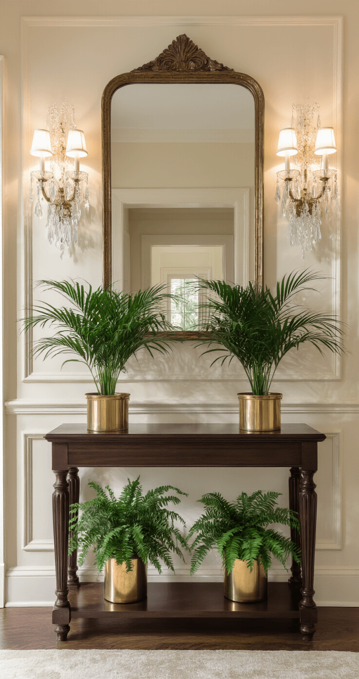 An elegant hallway vignette featuring cream-colored walls, crystal wall sconces casting shadows, a dark walnut console table with symmetrical parlor palms in brass planters, and a vintage mirror reflecting greenery, captured with shallow depth of field.