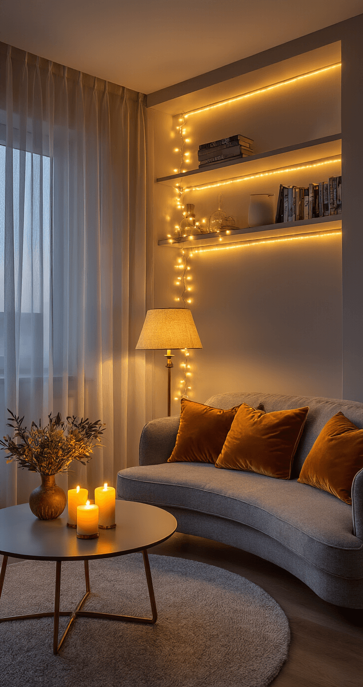 A warmly lit small living room at twilight, showcasing layered lighting from a ceramic table lamp, brass floor lamp, and string lights, with a curved gray sofa and amber pillows, flickering candles on a round coffee table, and soft natural light filtering through sheer curtains.