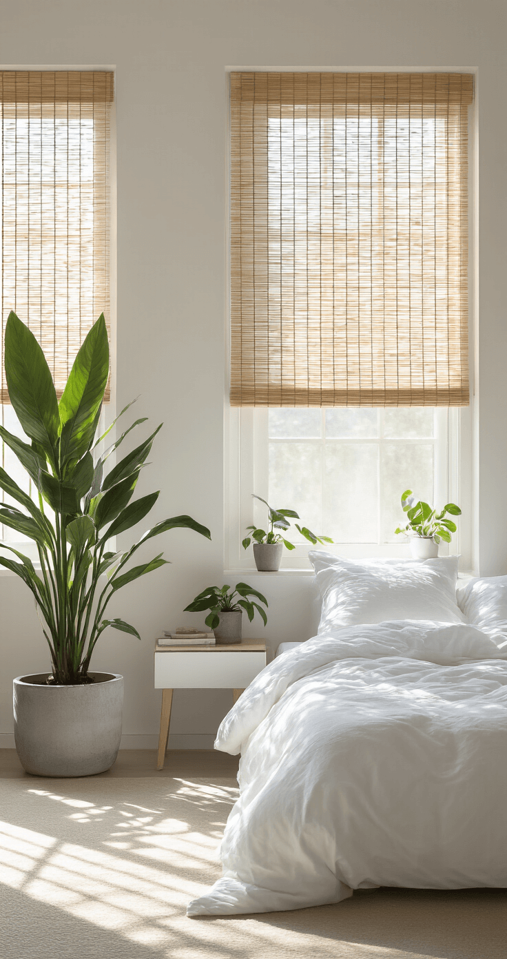 A minimalist bedroom with floor-to-ceiling windows covered in light-filtering bamboo blinds, featuring crisp white bedding illuminated by morning light, a large ZZ plant in a concrete planter, and smaller philodendrons on floating nightstands, captured from bed level.