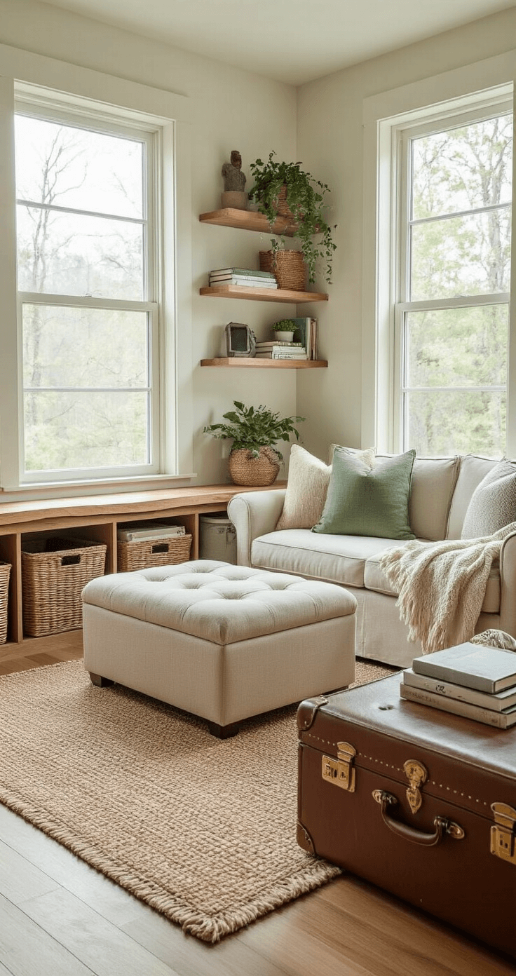 A small, cleverly organized living room bathed in bright morning light, featuring dual-function furniture like an upholstered storage ottoman and vintage suitcase, alongside floating shelves with books and plants, and woven baskets hidden beneath a console table.