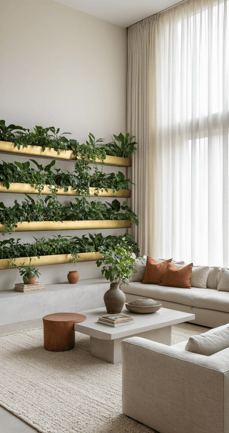 A contemporary living room corner with a double-height window dressed in sheer linen drapes, featuring a vertical garden of low-light plants in wall-mounted planters. The space incorporates mixed materials like brass, concrete, and terra cotta, with natural light enhancing the layered arrangement, captured from a slightly elevated angle.