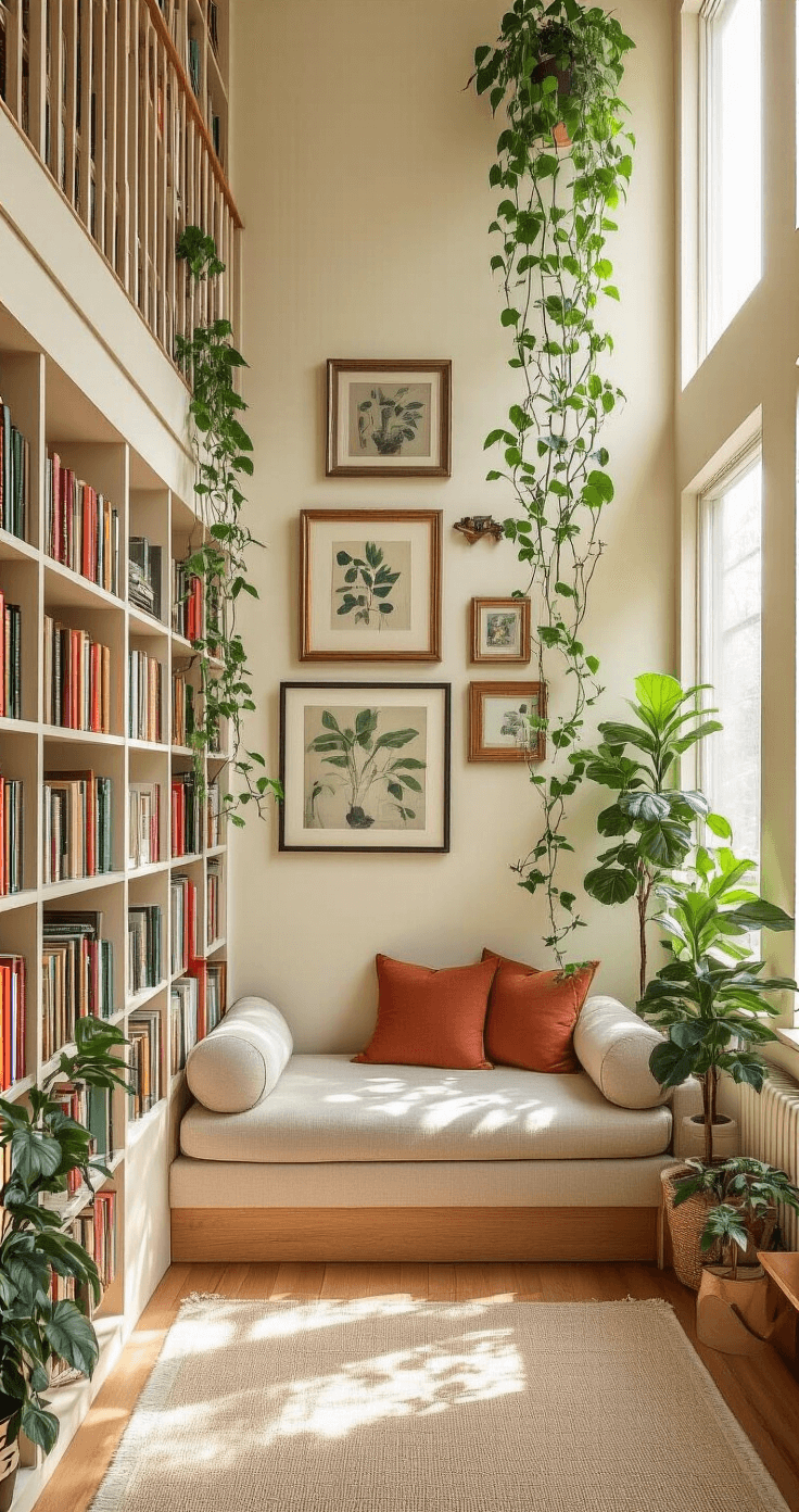 A small, vertically-designed living room with floor-to-ceiling bookshelves filled with colorful books and trailing plants, a gallery wall of vintage frames above a low-profile sofa, and a tall fiddle leaf fig in the corner, all bathed in soft morning light.