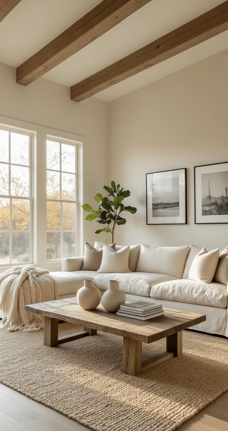 A sun-drenched living room with vaulted ceilings, exposed wooden beams, and large bay windows, showcasing a plush oatmeal-colored sofa, reclaimed wood coffee table, and minimalist black and white photography on cream walls, accented with warm whites, soft beiges, and muted sage green decor, including a chunky knit throw, ceramic vases, and a jute rug. The scene is warmly lit by late afternoon light, captured from the room's entrance.