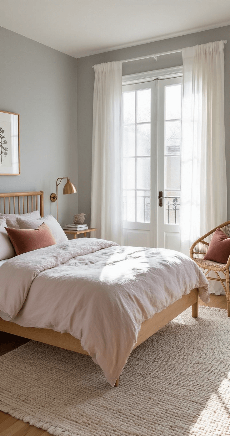 A cozy bedroom with soft blush linen bedding on a king-size bed, sheer white curtains filtering sunlight through French doors, vintage brass lamps on bedside tables, pale gray walls, and a woven rattan chair; all captured in warm morning light.