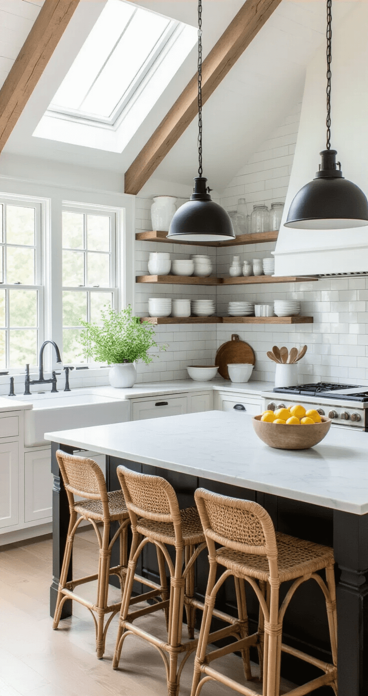 A bright and airy kitchen featuring a farmhouse sink, marble countertops, white shaker cabinets with matte black hardware, and a subway tile backsplash, illuminated by mid-morning light from skylights. An island with a butcher block top and three rattan bar stools stands in the foreground, while open shelving showcases white ceramics and glass jars. The color palette includes crisp whites, warm woods, and touches of black, with fresh lemons and potted herbs on the windowsill.