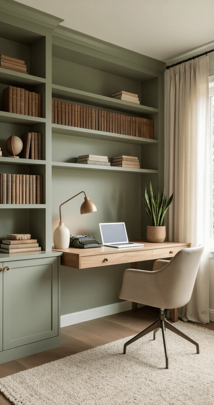 A serene home office featuring floor-to-ceiling bookshelves, a minimalist wooden desk with an ergonomic chair, and soft afternoon light filtering through sheer linen curtains, all in calming sage green and warm wood tones, accented by a potted snake plant and a vintage typewriter.
