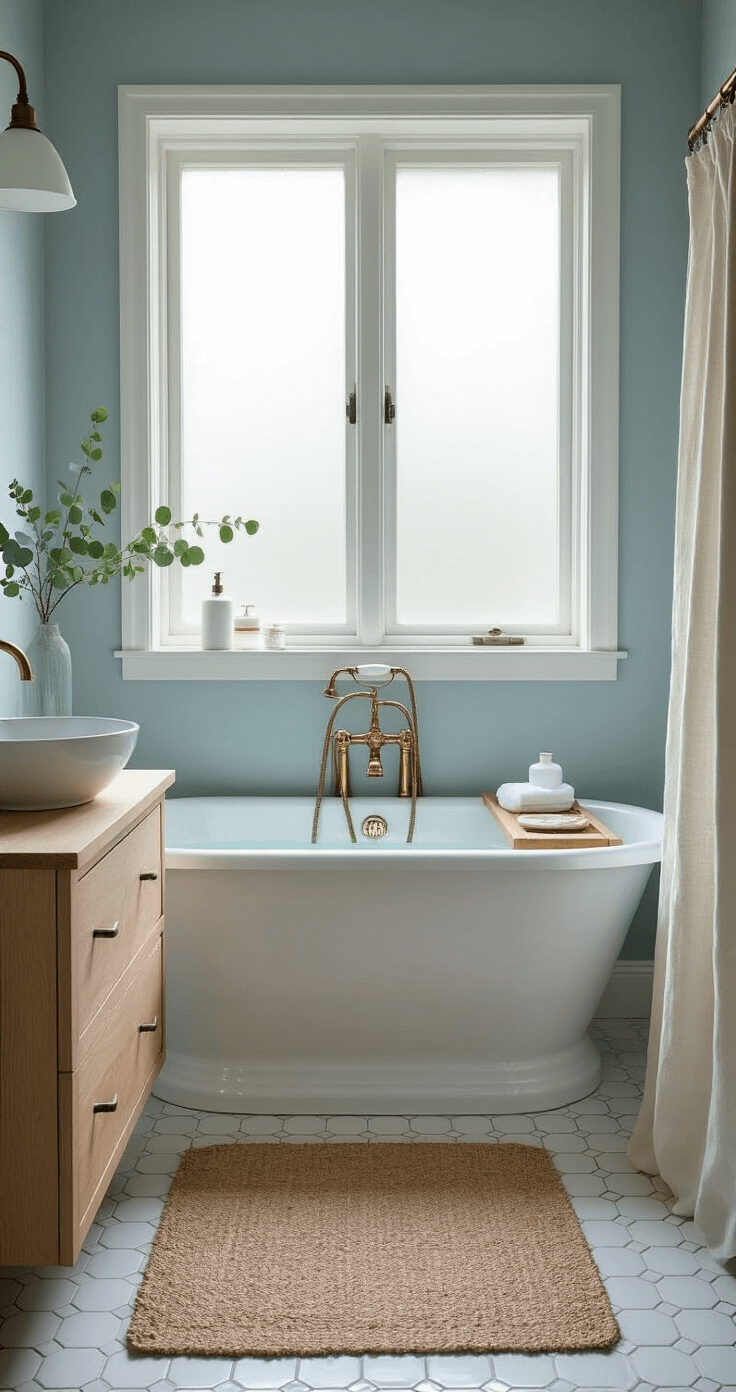 A tranquil bathroom featuring a freestanding clawfoot tub, hexagonal matte white floor tiles, soft blue-gray walls, and a light oak floating vanity with a vessel sink. The space is illuminated by diffused light from a frosted window, complemented by fluffy white towels, a natural jute bath mat, and a rough linen shower curtain. A small eucalyptus bundle and wooden bath tray rest on the tub, creating a serene spa-like atmosphere.