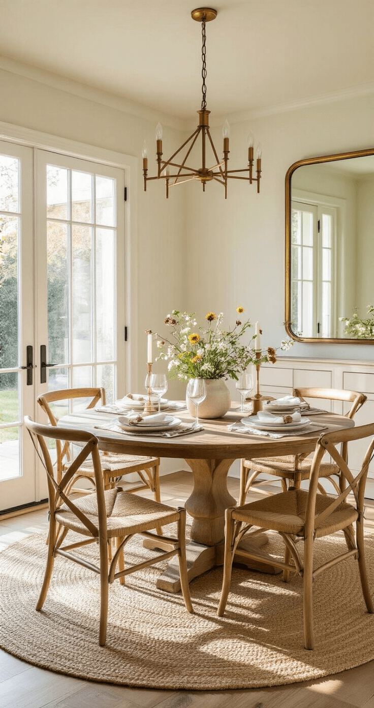 An inviting dining area with a round wooden table surrounded by mix-and-match chairs, illuminated by golden hour light through French doors, featuring a modern brass chandelier and a vintage mirror on creamy white walls, accented with a sisal rug and wildflower centerpiece, showcasing a warm palette of whites, natural woods, and brass elements.