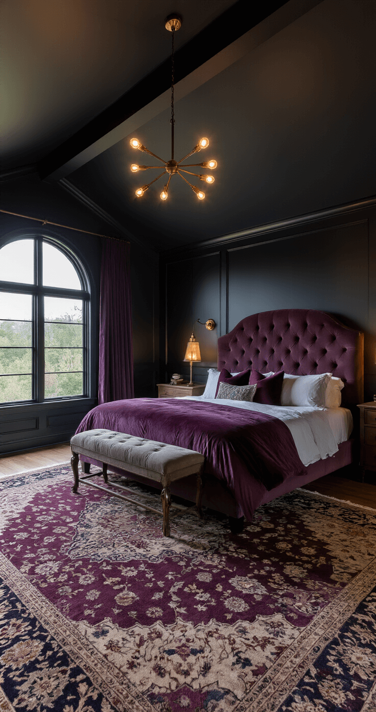 A spacious master bedroom with vaulted ceilings and deep charcoal walls, featuring a king-size bed with a tufted velvet headboard in eggplant, antique brass sconces, layered bedding in plum, bordeaux, and ivory, a large arched window with midnight blue blackout curtains, a vintage Persian rug, and soft ambient lighting from a modern chandelier, photographed at dusk.