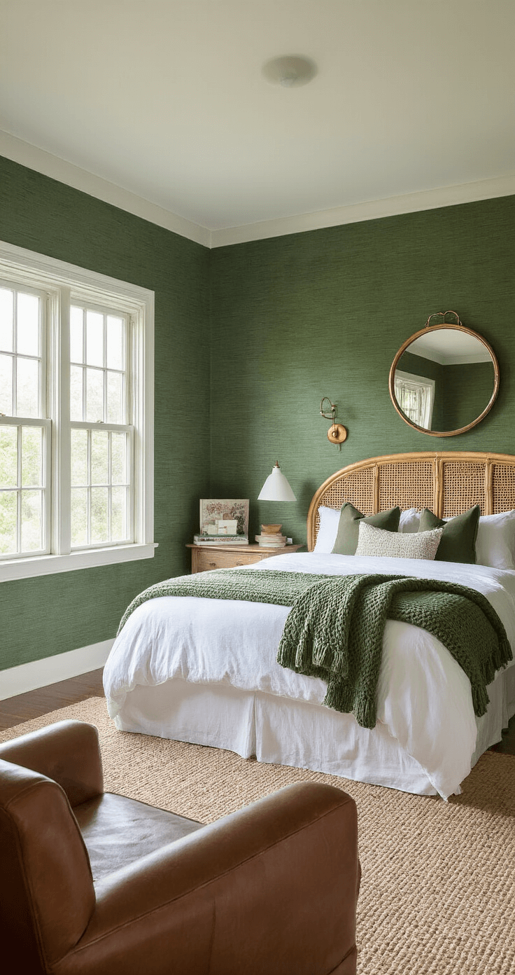 A cozy guest bedroom featuring deep forest green textured wallpaper, a queen-size bed with a rattan headboard, white linens, and a moss green throw. Mismatched vintage nightstands with unique lamps, a round brass-framed mirror, and a leather armchair in a reading nook next to a tall bookshelf are visible, all bathed in soft morning light.