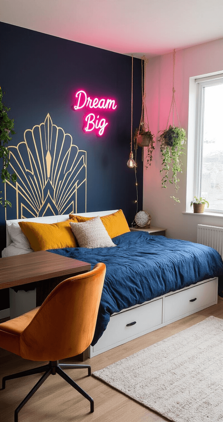 A cozy teen bedroom featuring a black and gold Art Deco mural on one wall, rich navy blue walls, a full-size platform bed with indigo, mustard, and cream linens, and a neon sign that says 'Dream Big' above the bed. The room includes a walnut wood floating desk with a burnt orange velvet swivel chair, string lights, and hanging plants, all bathed in warm, golden hour lighting.