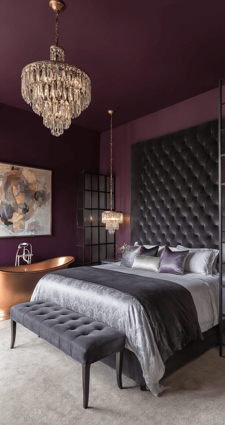 A luxurious primary suite at midnight featuring deep aubergine walls, a California king bed with a tufted charcoal velvet headboard, layered silk bedding in silver, lavender, and black, twin crystal chandeliers, a freestanding copper bathtub, and an abstract metallic painting, all captured from a high angle in soft, ambient lighting.