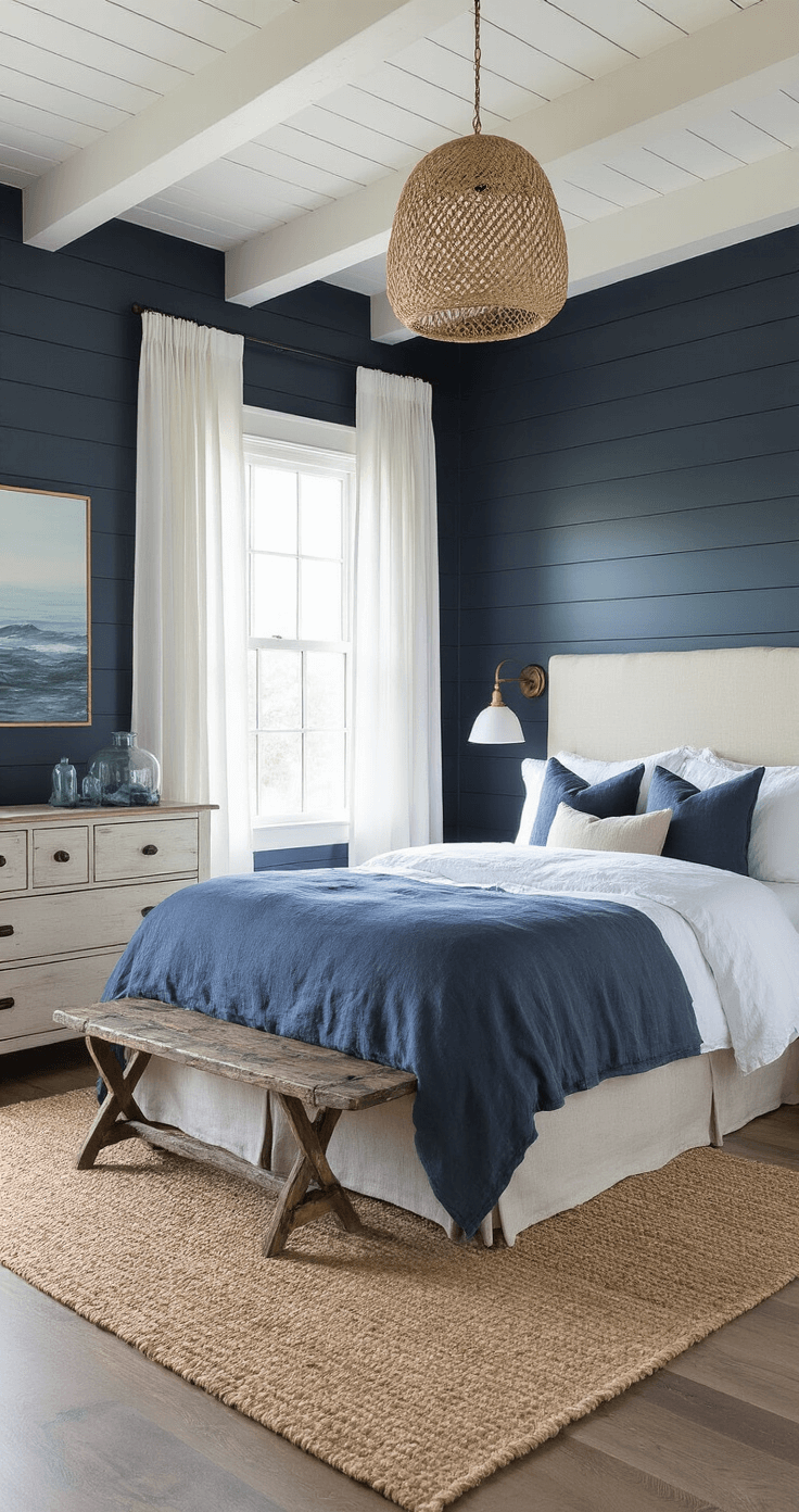 A serene bedroom featuring dark navy shiplap walls, a queen-size bed with an oatmeal linen headboard, and layers of indigo and white bedding, illuminated by soft morning light filtering through sheer white curtains. A distressed wood dresser displays sea glass, complemented by a jute rug and woven pendant light, all creating a calm coastal-meets-moody atmosphere.