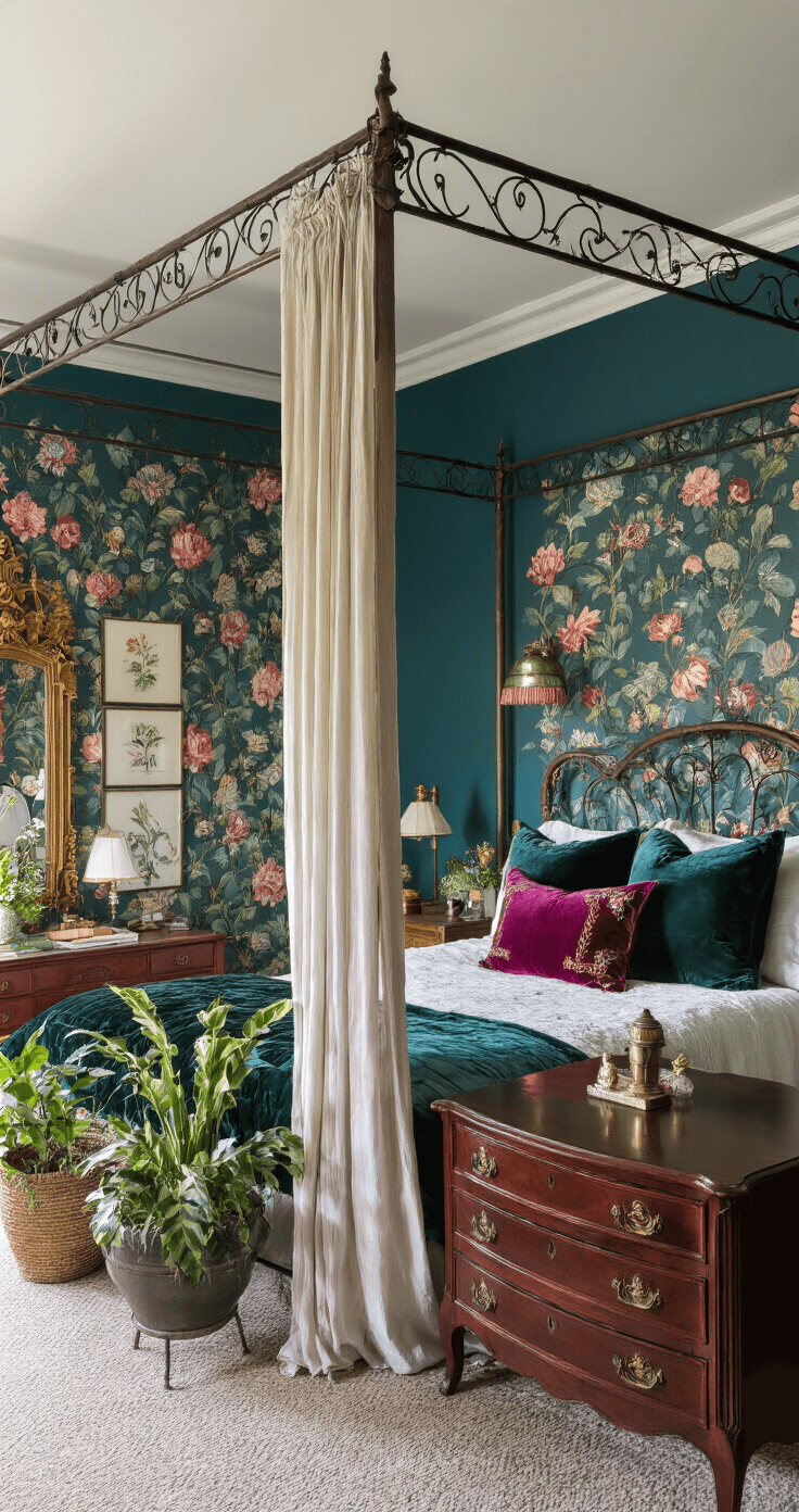 An eclectic guest bedroom with deep teal walls and floral wallpaper, featuring a wrought iron canopy bed adorned with sheer curtains, jewel-toned quilts, and silk pillows, surrounded by mismatched nightstands with brass lamps, a vintage mahogany vanity under a gilded mirror, and potted plants, captured in warm, moody evening light.