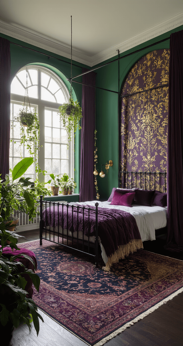 A spacious bedroom featuring a black iron canopy bed draped with dark purple curtains, emerald green walls, and a plum purple accent wall with gold botanical wallpaper. The room is warmly lit in the early evening, showcasing layered textures like velvet bedding and chunky knit throws, along with a large Moroccan-inspired rug on dark hardwood floors. Lush greenery from potted plants and hanging vines enhances the cozy atmosphere.