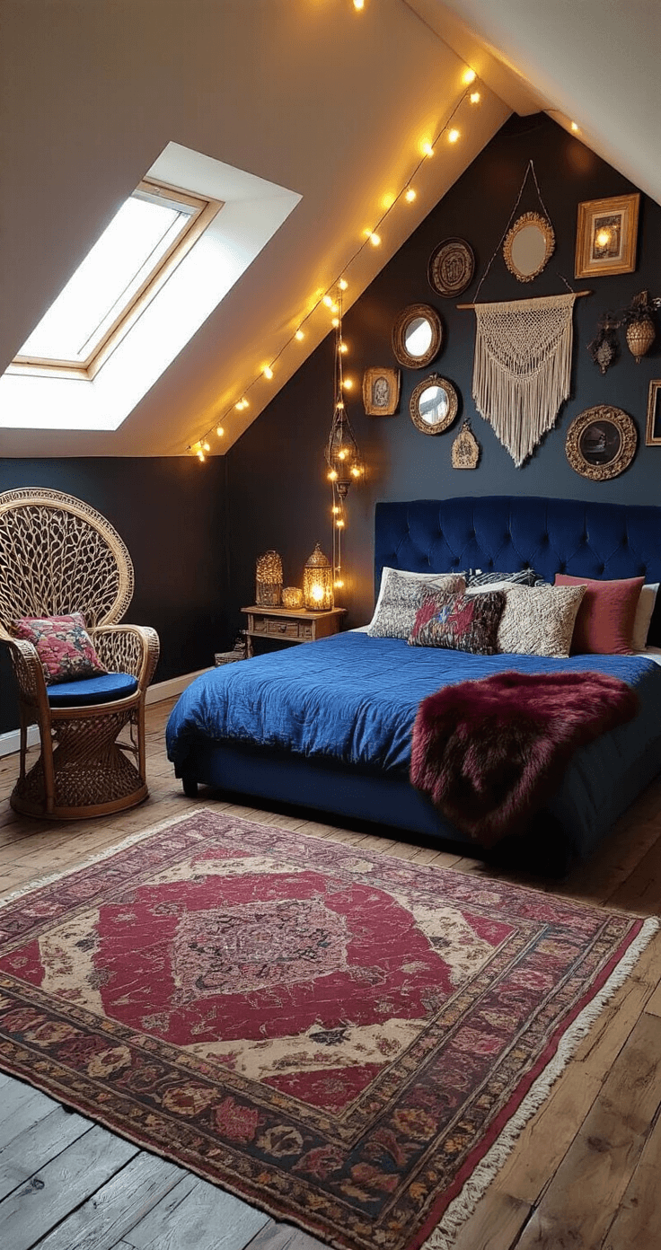 A cozy attic bedroom with sloped ceilings, featuring a platform bed with a velvet headboard, mismatched pillows, string lights, and Moroccan lanterns, all under dark charcoal walls adorned with eclectic art, a vintage rattan chair, and layered rugs, illuminated in a warm, dreamy ambiance.