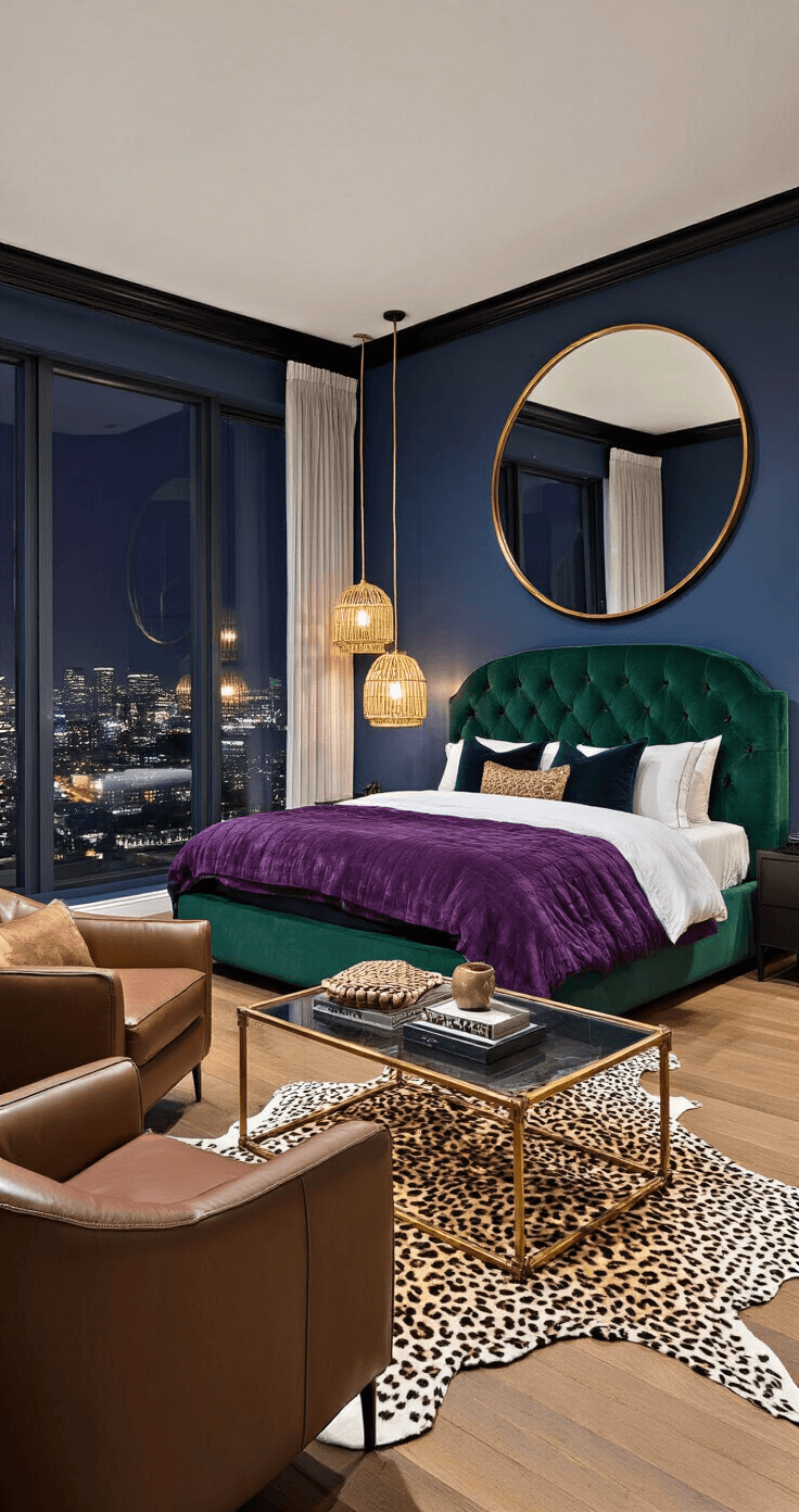 A luxurious master bedroom featuring a king-size bed with a tufted dark green velvet headboard, jewel-toned linens, and a deep purple throw, set against midnight blue walls and an inky black ceiling. Floor-to-ceiling windows showcase a nighttime cityscape, while a large circular gold-rimmed mirror and warm pendant lights illuminate the space. Two chocolate brown leather armchairs flank a brass and glass coffee table, and a leopard print rug adds flair, while lush greenery enhances the atmosphere.
