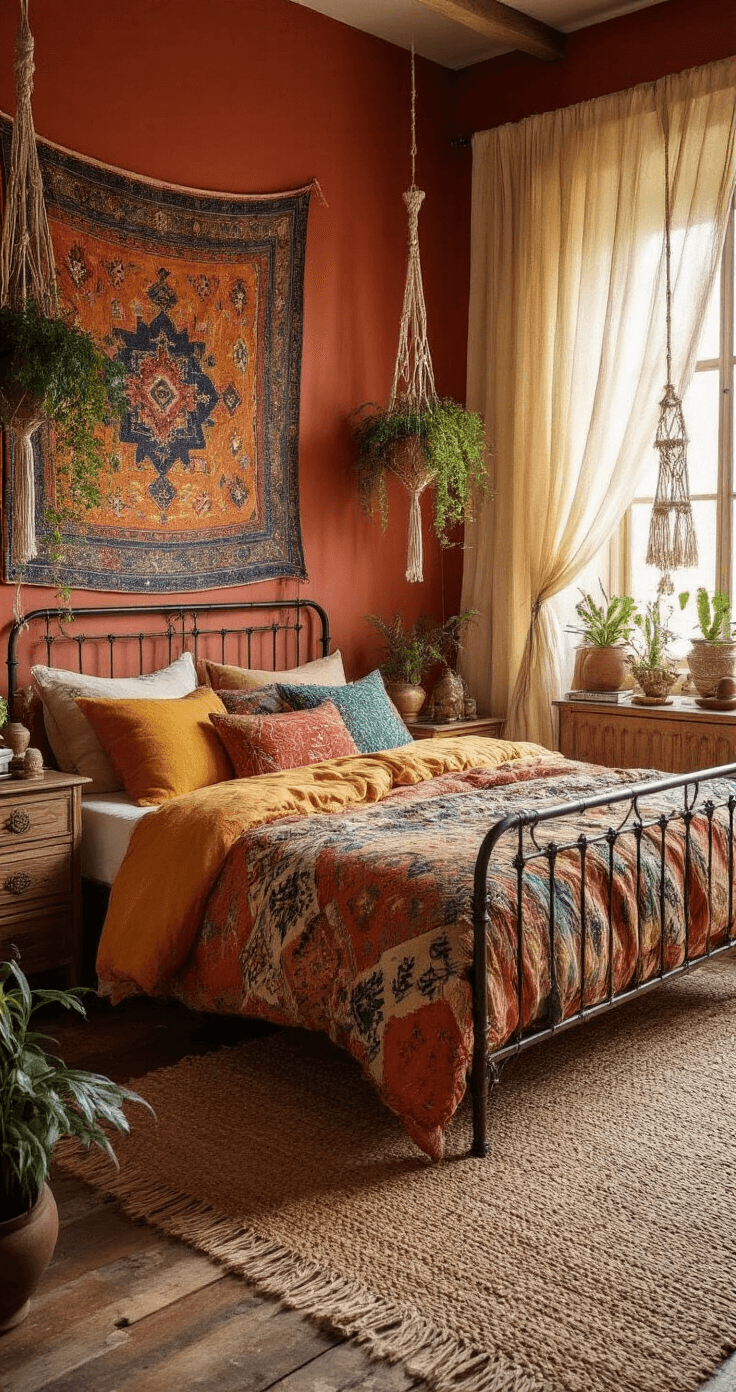 A bohemian guest bedroom with terracotta walls, an indigo tapestry above a wrought iron bed layered with vibrant pillows, and a handwoven jute rug on distressed wooden floors, illuminated by golden afternoon light streaming through sheer curtains. Macramé hangers with trailing plants and a vintage dresser showcasing global artifacts complete the inviting scene.