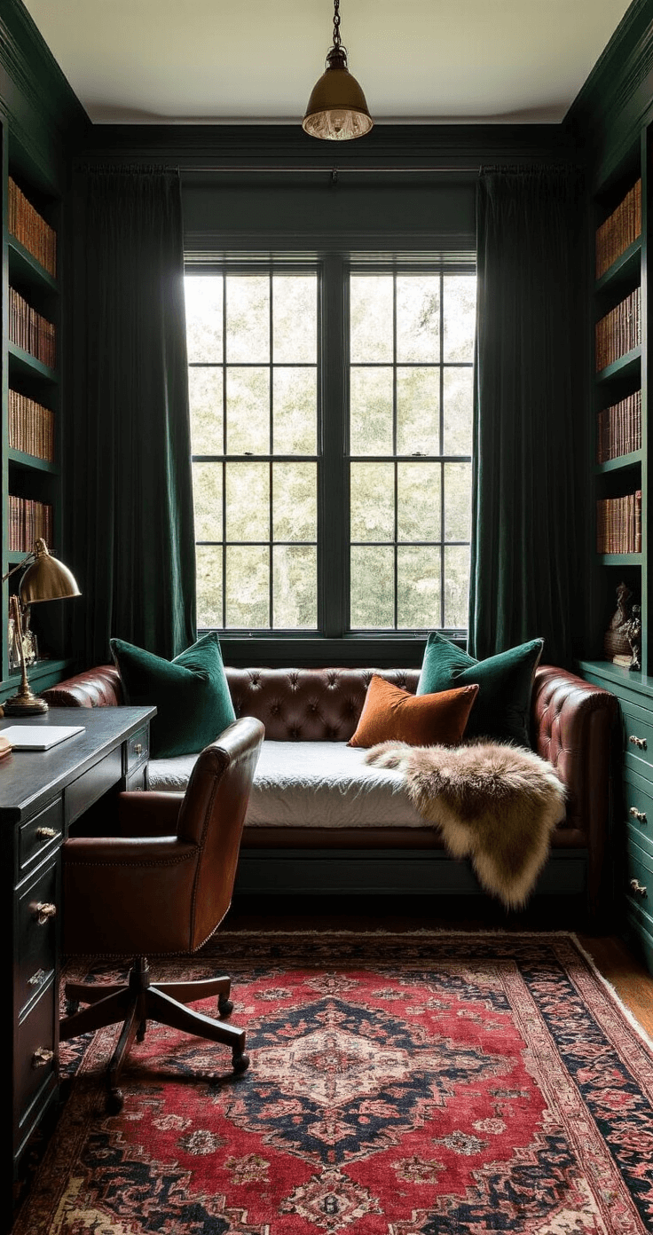 A cozy home office/bedroom combo featuring rich, deep forest green walls and a black shiplap feature wall. Early morning light filters through dark velvet drapes, illuminating a cognac leather daybed adorned with jewel-toned pillows. A dark wood floating desk and vintage leather chair complement bookshelves filled with curios and leather-bound books. A large vintage Persian rug in deep reds and blues adds warmth, enhanced by brass accents throughout.