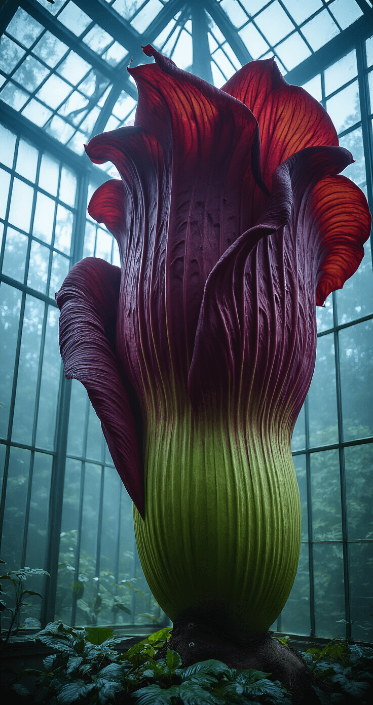 9 Mind-Blowing Unique Flowers That Will Absolutely Shock You! A macro photograph of a Corpse Flower in peak bloom, towering 9 feet against dark glass walls in a dimly lit conservatory at 3:00 AM. The massive burgundy spathe is illuminated by soft spotlights, surrounded by moody fog and condensation on the windows. Shot from a low angle with dramatic depth, emphasizing the flower's textured petals and monstrous size.