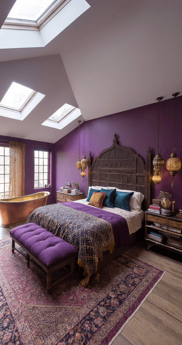 A luxurious eclectic bedroom with vaulted ceilings and skylights, featuring deep aubergine walls, a massive carved dark walnut headboard, a richly textured bed in plum, gold, and peacock blue, vintage nightstands with brass lamps, a free-standing copper bathtub with a beaded curtain, and layered jewel-toned rugs, all illuminated by twilight and Moroccan lanterns amidst lush greenery.