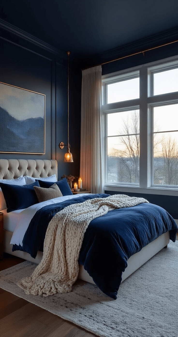 A spacious bedroom with dark navy walls, high ceilings, and large windows, featuring a king-size bed with deep blue and grey bedding, a cream chunky knit throw, warm brass sconces, flickering candles on bedside tables, and a large abstract painting above the tufted headboard, all bathed in soft evening light.