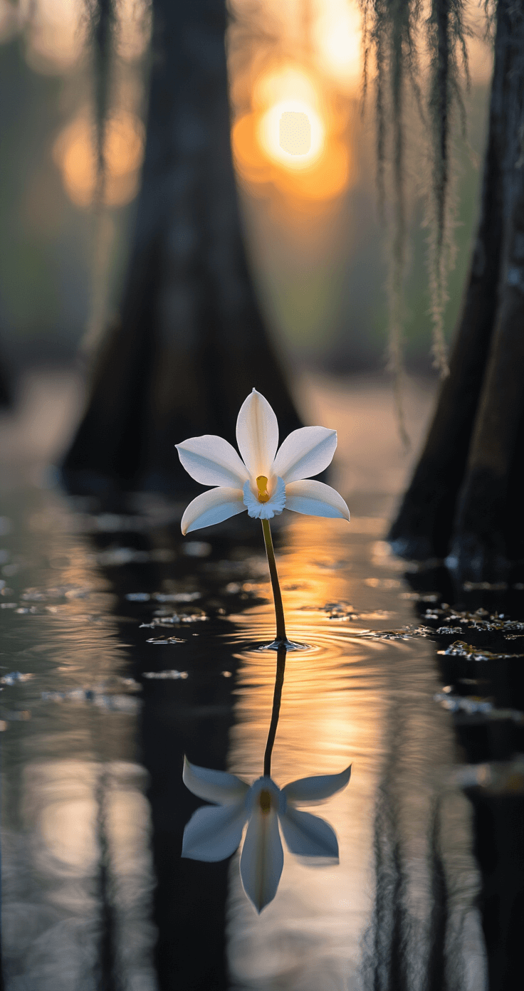 9 Mind-Blowing Unique Flowers That Will Absolutely Shock You! A Ghost Orchid with delicate white petals floats in a twilight swamp, illuminated by golden hour light filtering through Spanish moss. The dark cypress backdrop enhances its ethereal quality, while subtle fog adds a touch of mystery. The flower is isolated with ultra-shallow depth of field, positioned in the upper right according to the rule of thirds, with a dark vignette framing the edges.
