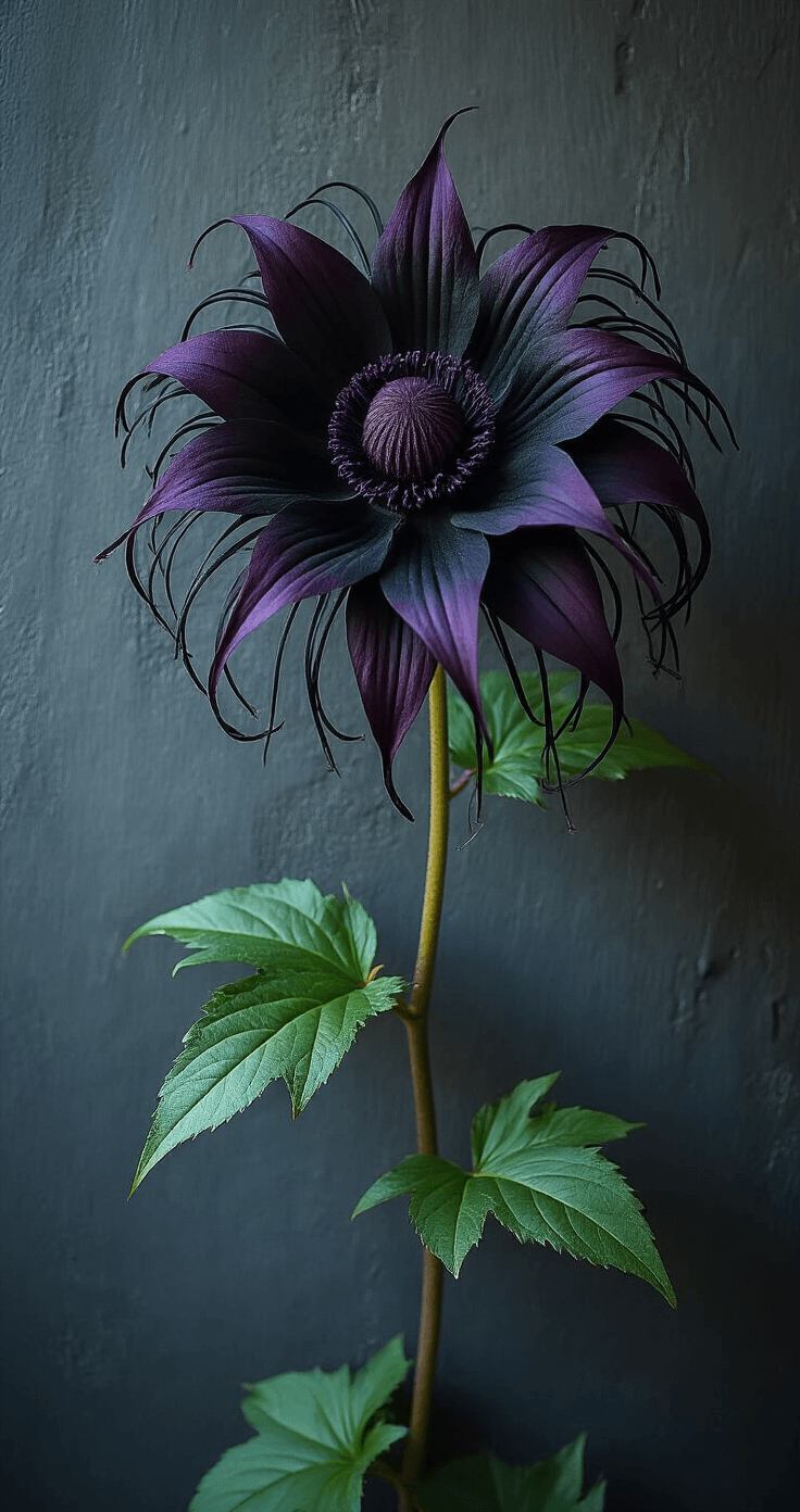 9 Mind-Blowing Unique Flowers That Will Absolutely Shock You! A dramatic black Bat Flower showcased against a textured charcoal wall, illuminated by soft afternoon light. The deep purple-black petals and long whisker-like bracts are highlighted, while a Victorian glass cloche adds a vintage touch. The image, captured with a 100mm macro lens, features a selective focus on the central flower head, enhancing the gothic aesthetic with dark moody editing.