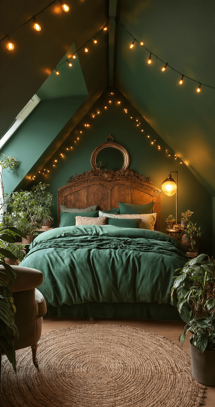 A cozy 12x12 foot bedroom with sloped ceilings, painted forest green, featuring a queen-size bed with an intricately carved headboard, layered emerald linens, warm string lights, a vintage brass floor lamp, a plush velvet armchair in a reading nook, potted plants, a round copper-framed mirror, and soft diffused lighting.