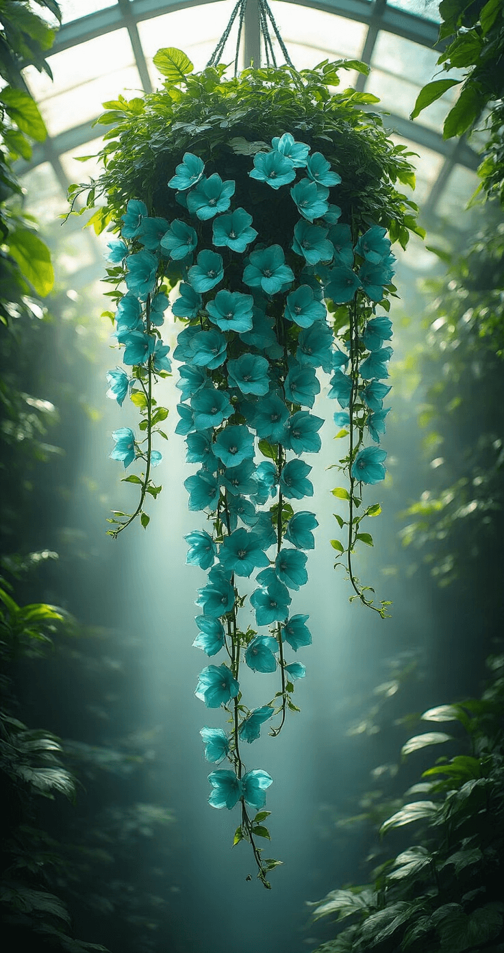 9 Mind-Blowing Unique Flowers That Will Absolutely Shock You! Jade vine cascade with luminous turquoise blooms hanging in a tropical conservatory, captured from below at a 30-degree angle, with morning light filtering through a glass ceiling and mist enhancing the dreamy atmosphere amidst rich green foliage.