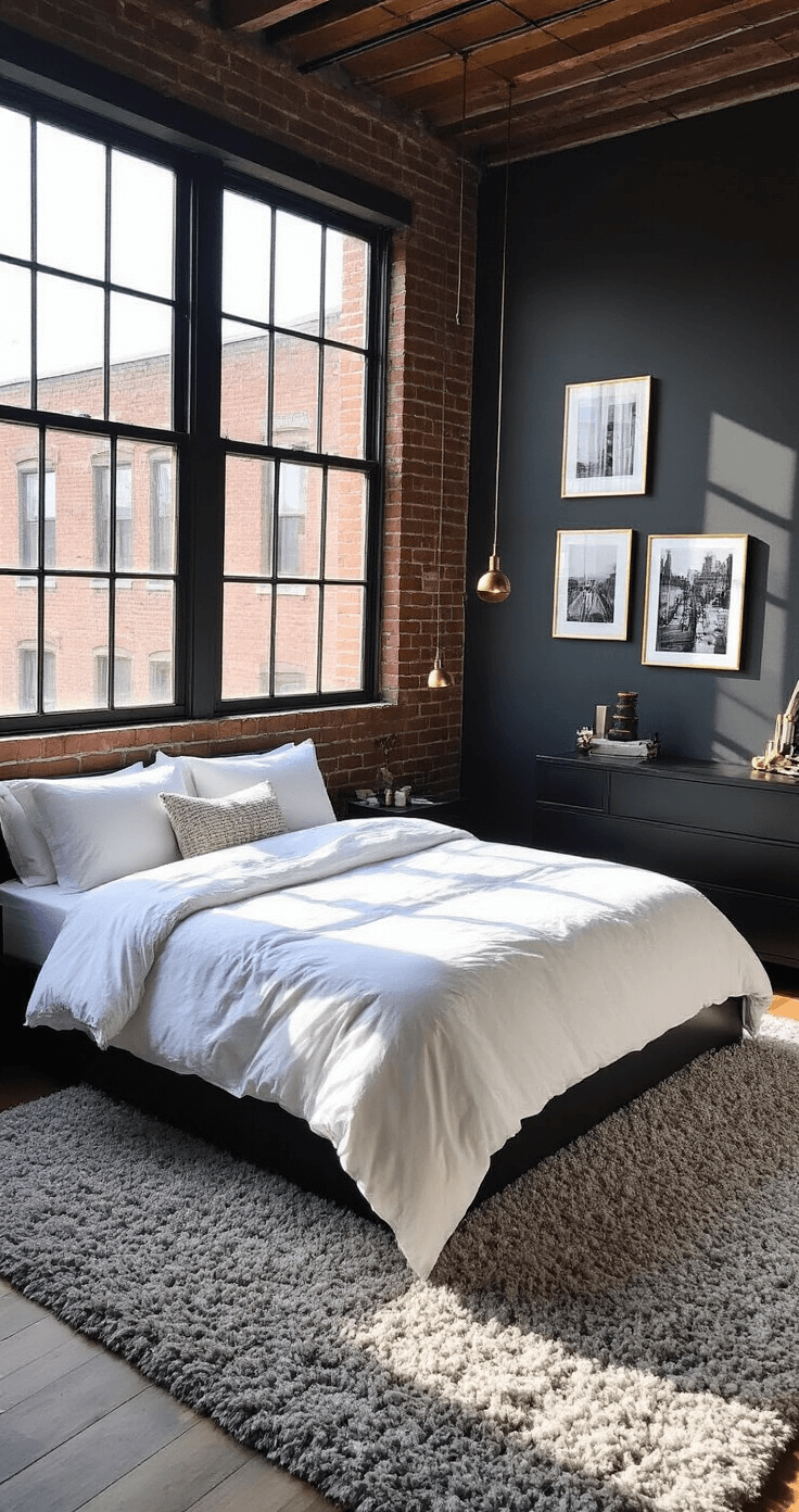 A stylish urban bedroom featuring deep charcoal grey exposed brick walls, a low-profile white platform bed, and large industrial windows letting in early morning light that creates dramatic shadows, with accents of brushed gold, a gallery wall of black and white photographs, and a shaggy grey area rug.