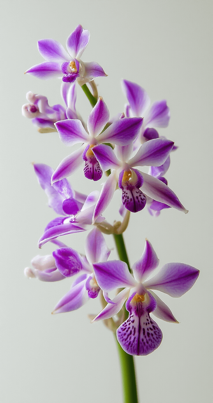 9 Mind-Blowing Unique Flowers That Will Absolutely Shock You! Extreme macro shot of orchid flowers resembling dancing girls, set against a clinical white background, showcasing intricate details with shadowless illumination. The image captures anthropomorphic shapes in cool purple and white tones, enhanced through focus stacking at 5:1 magnification.