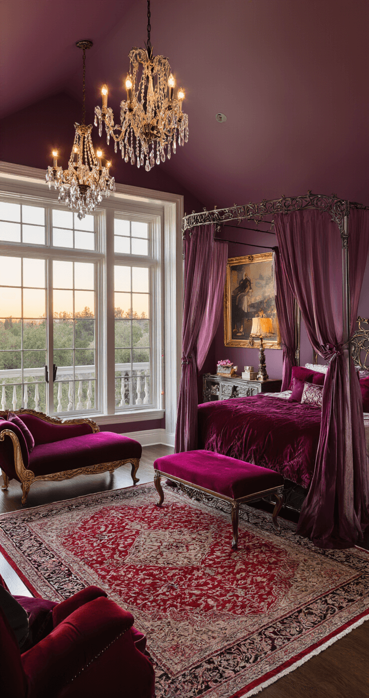 A romantic master bedroom with vaulted ceilings, featuring a wrought iron canopy bed draped in sheer curtains, jewel-toned silk bedding, and velvet pillows, all bathed in warm sunset light with rich plum walls, crystal chandeliers, and a deep burgundy chaise lounge by a bay window.
