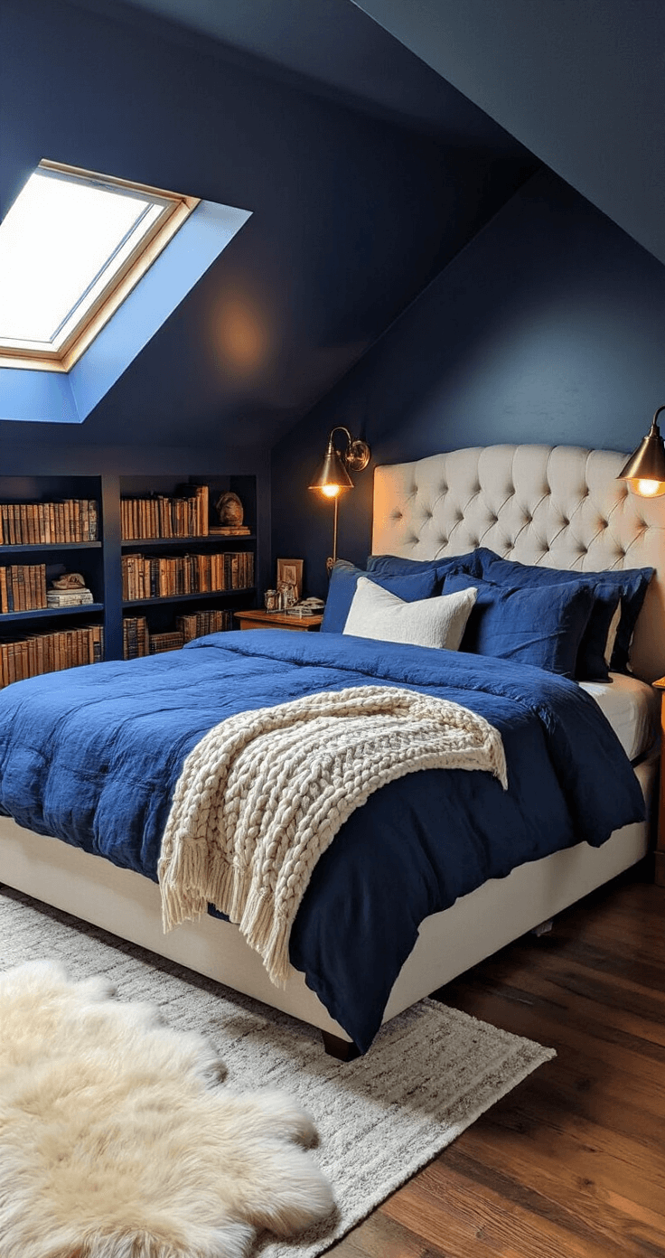 Cozy attic bedroom with sloped navy walls, dormer windows, and a queen-size bed adorned with layered indigo and cream bedding, complemented by a chunky cable-knit throw, vintage bookshelves, a sheepskin rug, and warm brass accents.