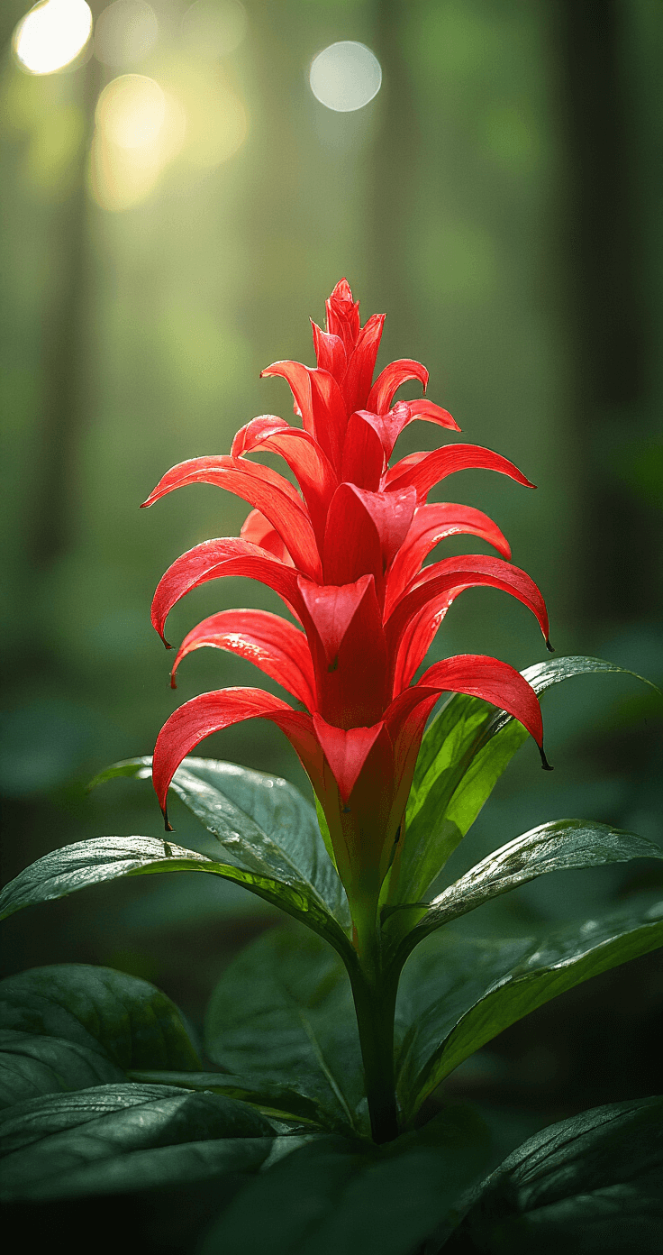 9 Mind-Blowing Unique Flowers That Will Absolutely Shock You! Hooker's Lips flower with vivid red bracts surrounded by dark green foliage, captured in dappled afternoon sunlight with a low camera angle, featuring glossy highlights from subtle water spray, creating a tropical atmosphere.