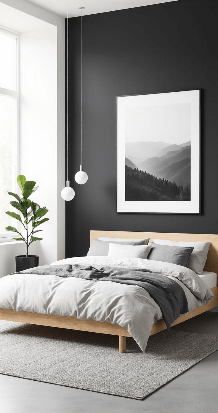 A minimalist bedroom flooded with morning light, featuring stark white walls, a matte black accent wall, a low-profile natural oak platform bed with grey and white linen bedding, an oversized black and white photograph above the bed, modern chrome pendant lights, a grey wool area rug on concrete floors, and a fiddle leaf fig plant in a matte black pot, all emphasizing clean lines and negative space.
