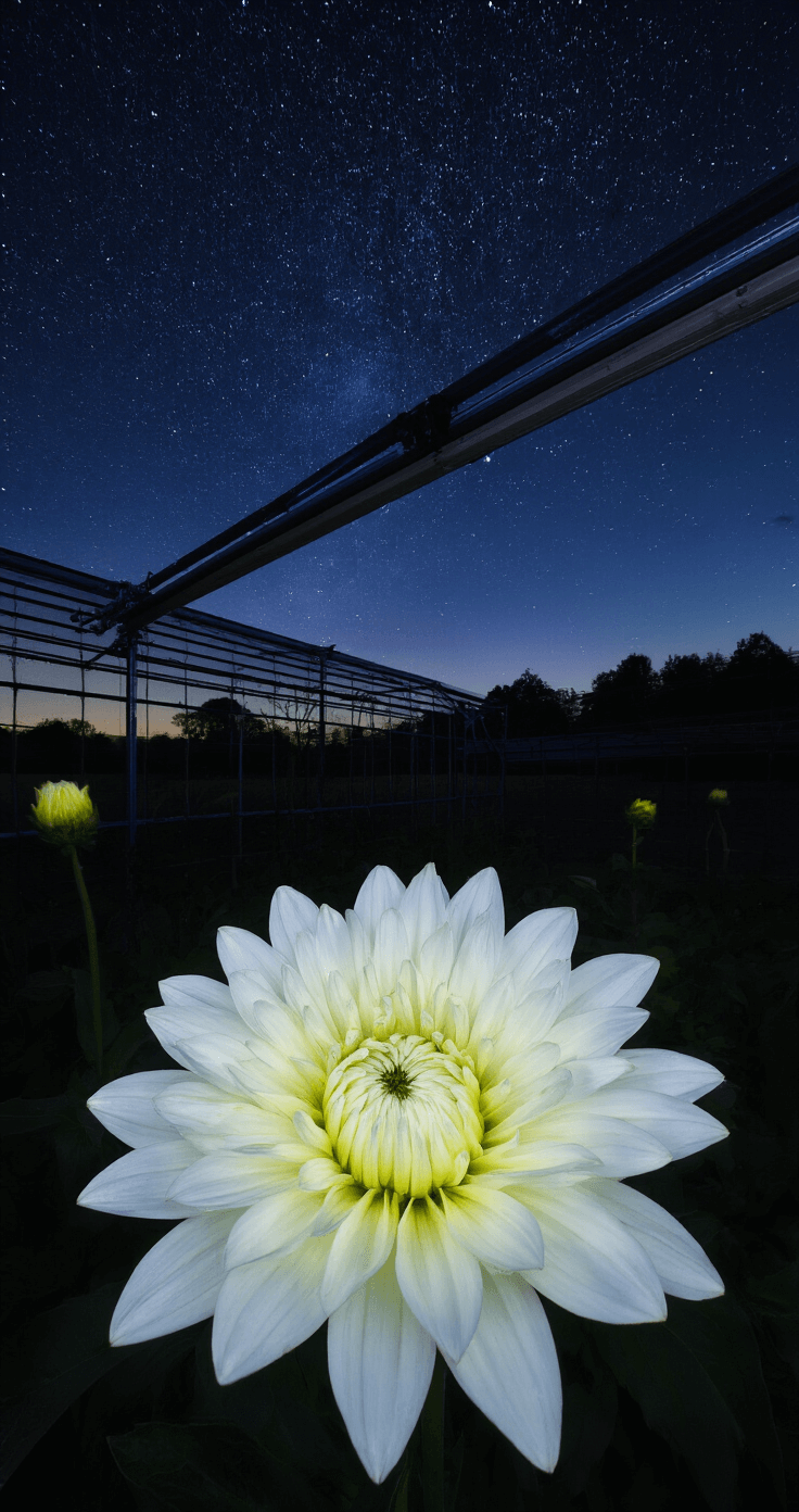 9 Mind-Blowing Unique Flowers That Will Absolutely Shock You! Time-lapse image of a Queen of the Night flower bloom opening, captured with multiple strobes against a rich black background. The pure white flower glows brightly while stars twinkle through greenhouse glass, and blue hour ambient light adds a mysterious edge. The camera is mounted overhead on a sliding rail to capture the entire 8-inch bloom in focus stack detail.