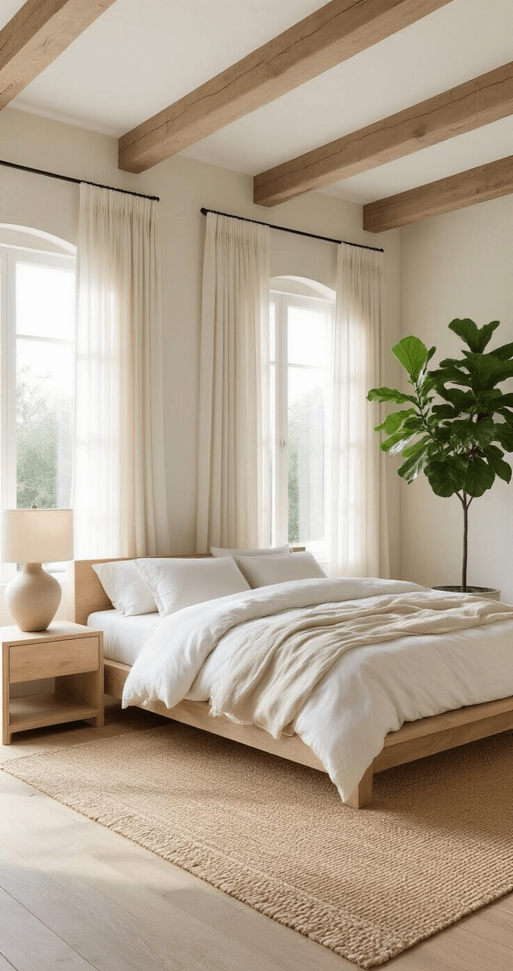 A spacious organic modern bedroom with high ceilings, exposed wooden beams, and large windows dressed in sheer linen curtains. The low-profile platform bed with a reclaimed wood frame features layers of crisp white and oatmeal linen bedding. A light oak curved nightstand with a sculptural ceramic lamp sits to the left, and a leafy fiddle leaf fig tree adds vibrant greenery. The walls are painted in warm creamy white, and a sandy jute rug covers the floor, all bathed in soft morning light for a serene atmosphere.