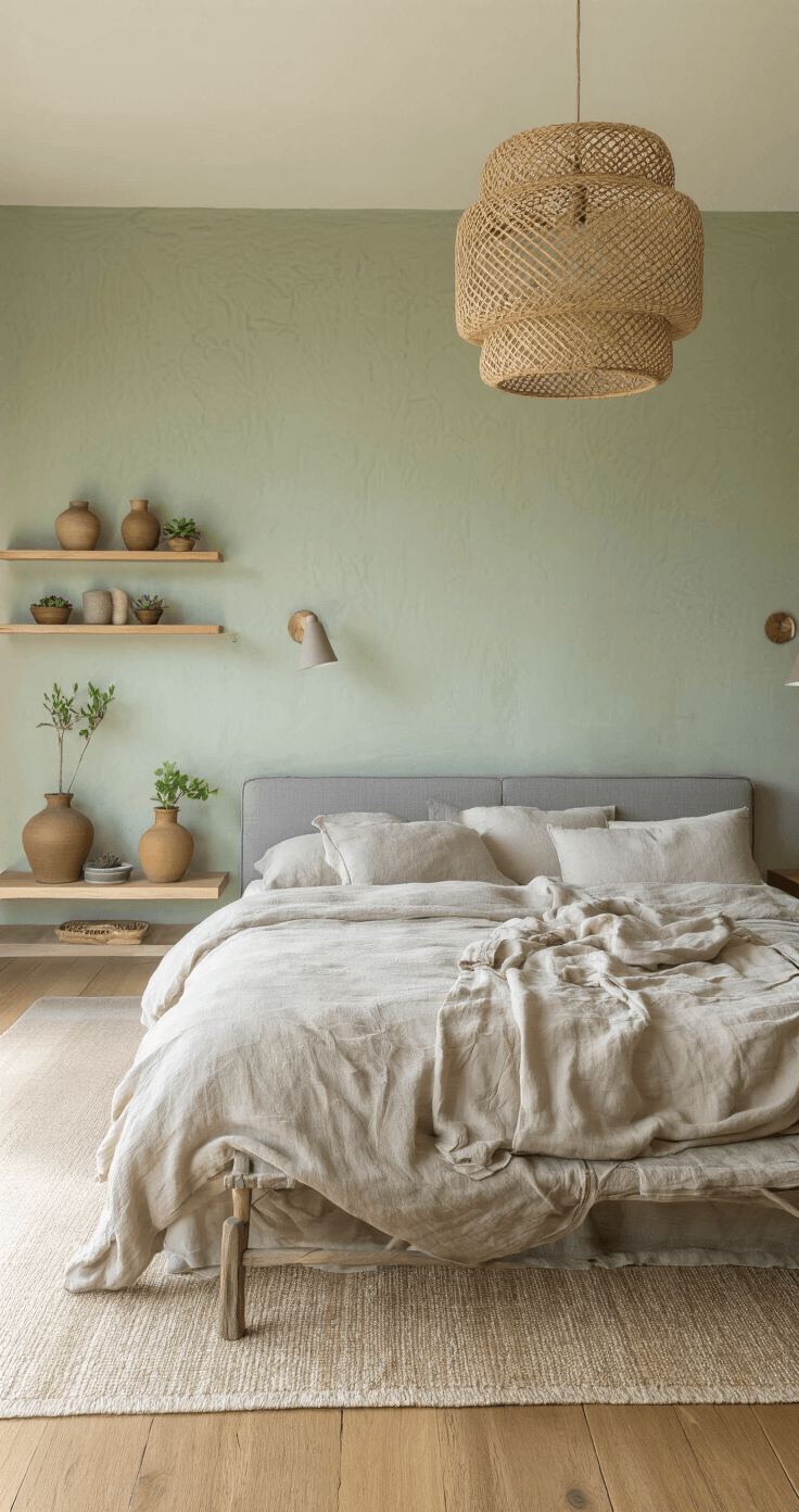 A cozy organic modern bedroom featuring a textured sage green plaster feature wall, a low-slung gray linen bed with layered ecru and stone linens, floating wooden shelves with earthenware vases and succulents, a round rattan pendant light, and warm golden hour light illuminating the room.